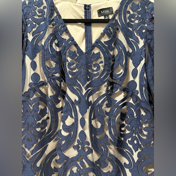 MSK Navy Blue Patterned bell Sleeve Dress with nude lining - Picture 6 of 9